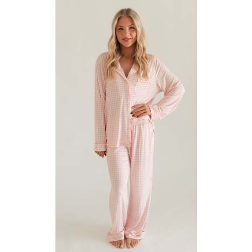 Women's Button Up Set In Pink Gingham