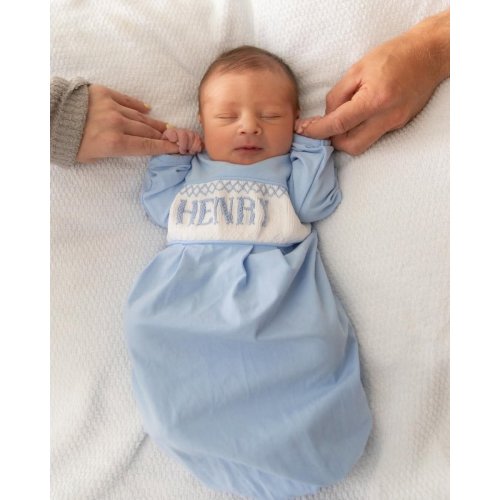Solid Blue Baby Snuggles Custom Gown and Cap