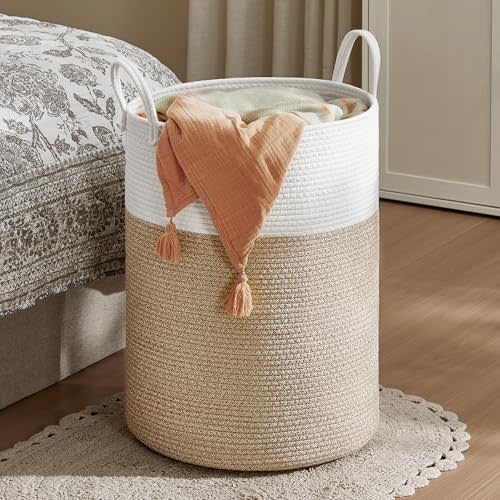 SONGMICS Laundry Hamper, Cotton Rope Laundry Basket with Handles, for Children, Toys, Clothing, Living Room, Bedroom, 21.1 Gallons, 15.7 x 15.7 x 23.6 Inches, White and Grayish Brown URLH062LZ01