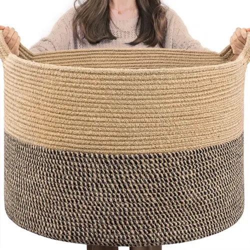INDRESSME Extra Large Woven Baskets for Storage, 21.7 x 13.8 Blanket Basket Wicker Laundry Basket for Organizing Toy Pillow Shoe for Entryway &Living Room , Black Jute