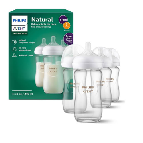Philips Avent Natural Glass Baby Bottles with Natural Response Nipples (Medium Flow, Flow 3), 8oz, 4-Pack, SCY913/04