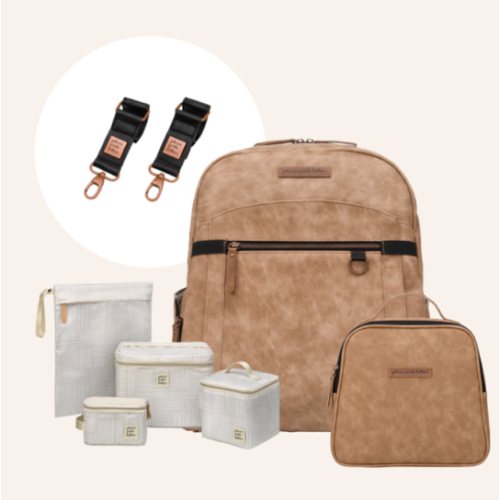 2-in-1 Provisions Backpack in Brioche, Tandem Tote, Pump Kit & Stroller Clips Bundle
