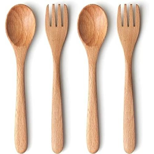 YFWOOD 4-Pieces Natural Wooden Children's Safe Flatware, 2 x Child Forks, 2 x Children Spoons, Kids Utensils Set Hand polishing Anti-slip Portable and ultra light