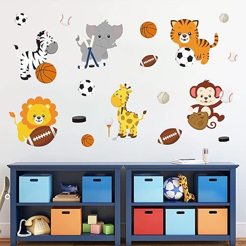 Supzone Cartoon Animal Sport Wall Decals - Sports Balls, Jungle Monkey Lion Giraffe DIY Vinyl Wall Art Stickers for Kids Baby Nursery Playroom Bedroom Girls Boy Room Decor