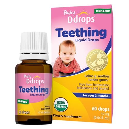 Ddrops Baby Organic Teething Relief Liquid, Calms and Soothes Baby's Tender Gums Naturally, Easy-to-Use Drop Format, 3 Months +, 60 Drops