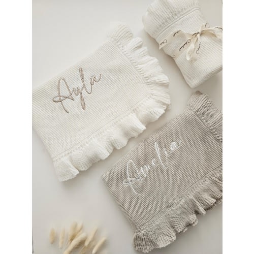 Personalised Ruffle Edge Baby Blanket, Luxury Neutral Knitted, Oyster Cotton, Baby Shower Gift, New Baby Newborn Pram, Birth Announcement