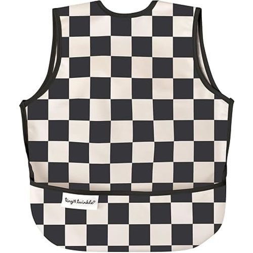 Tiny Twinkle Mess Proof Baby Bib - Waterproof & Lightweight Baby-Led Weaning Apron | 100% Recycled Polyester, Easy Clean & Machine Washable (Black Checkers, Small 6-24 Months)