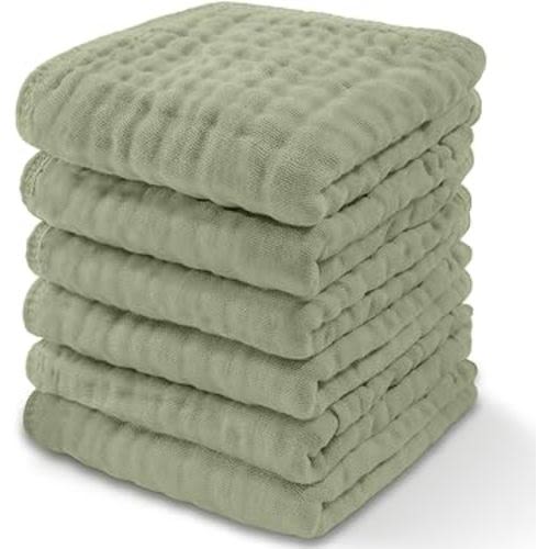 Baby Washcloths Set, Muslin Cotton Baby Towels, Large 10”x10” Wash Cloths Soft on Sensitive Skin, Absorbent for Boys & Girls, Newborn Baby & Toddlers Essentials Shower Registry Gift (Sage, Pack of 6)
