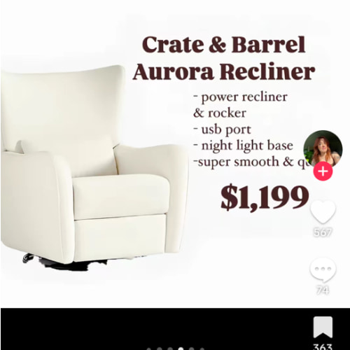 Aurora Cream Nursery Electronic Power Recliner with Night Light