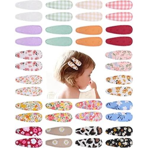 doboi 40 Pcs Floral Print Snap Hairpins, Hair Bows Clips, and Barrettes for Girls - Non-Slip Wrapped Flower Clips Hair Accessories