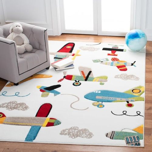 SAFAVIEH Carousel Kids Collection Accent Rug - 4' x 6', Ivory & Blue, Non-Shedding & Easy Care, Ideal for High Traffic Areas for Boys & Girls in Playroom, Nursery, Bedroom (CRK167A)