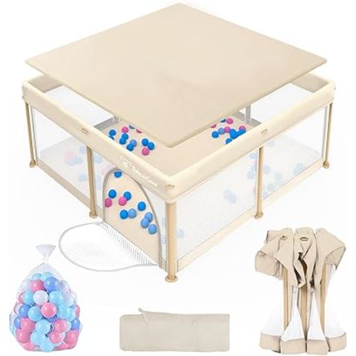 Foldable Baby Playpen for Babies and Toddlers, 50x50 Inch Portable Play Yard, Collapsible Play Pen with Mat, Visible Mesh, 50 Ocean Balls, Indoor/Outdoor Baby Fence Activity Center for Home
