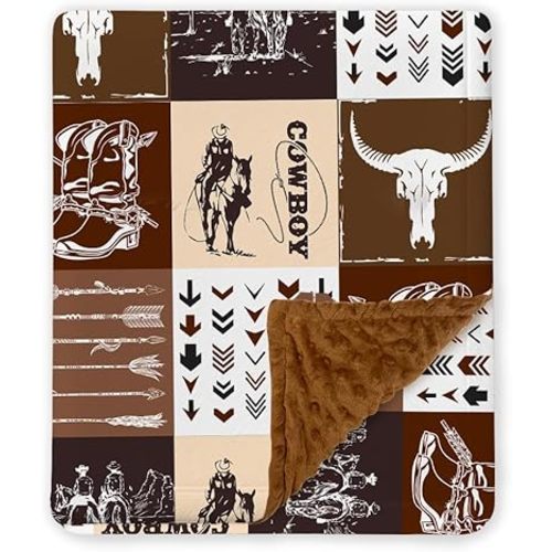Western Baby Blanket, Cowboy Minky Blankets for Boys Girls, Nursery Room Decor, Soft Warm Lightweight Nursery Bed Blanket for Newborn Toddlers Son Daughter (08)
