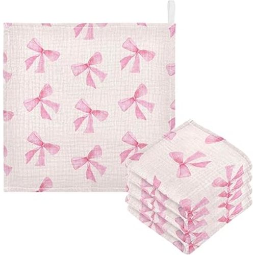 Burbuja Pink Bow Baby Washcloths - Muslin Cotton Soft Absorbent Baby Towel for Newborn Baby Sensitive Skin - Baby Essential Item, 12x12 in, 5 Pack