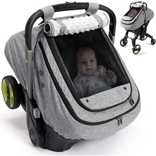 Bioby Waterproof Baby Car Seat Cover, Infant Car Seat Cover for Boy Girl, Roomy Cozy Windproof Sun Protection Baby Carseat Covers Canopy with Breathable Net and Holes, Universal Fitted Gray