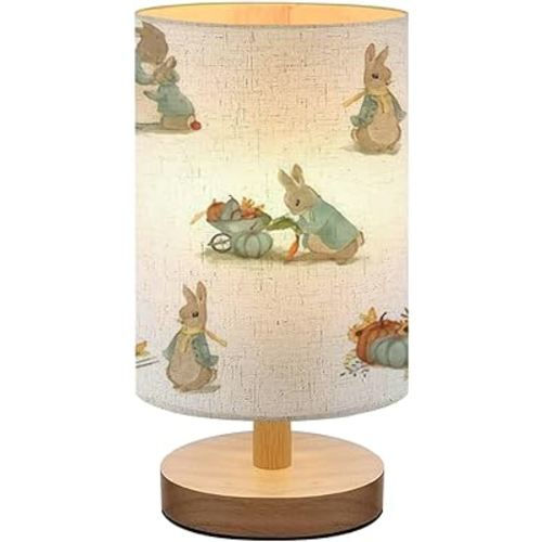 Bedside Lamp for Bedroom, seamless pattern childrens illustrations rabbit autumn pattern nursery Small Lamp, Linen Lampshade Table Lamp, Dimmable Nightstand Lamp with Woodbase for Living Room Office