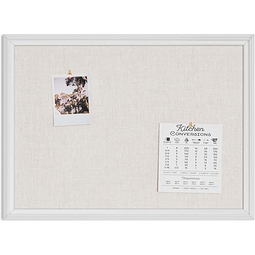 U Brands Farmhouse Linen Bulletin Board, 23"x17", White Wood Style Frame, Industrial Grade Pinning Surface