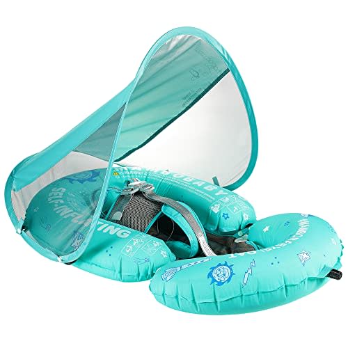 Mambobaby Float Baby Pool Float with Canopy & Tail - AnjeeIOT Portable Baby Float Self-Inflating Compressible Folding Swimming Floating Bed Water Swim Float for Infant Toddler 3-24 Momths, Green