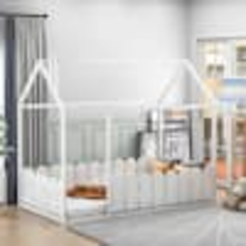 Harper & Bright Designs White Twin Size Wood House Bed with Fence WF194274AAK