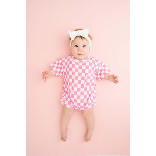 Pink Checkered Pocket Romper