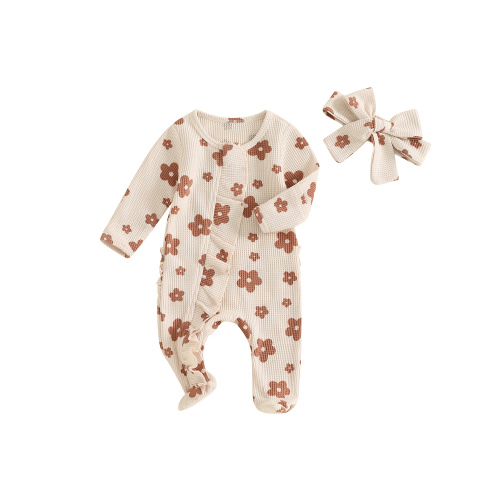 Qtinghua Newborn Baby Girl Fall Winter Clothes Long Sleeve Footie Romper Waffle Ruffle Zipper Jumpsuit with Headband Coming Home Outfit