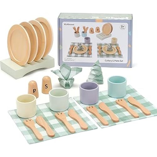 Wooden Toy Dish Set Toddler Plates and Cutlery Set Children's Kitchens Accessories Kids Role Play Food Gift for Girls and Boys