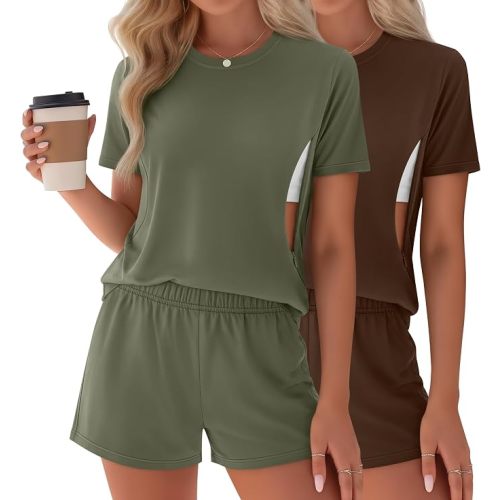 Riyiper 2 Packs Women's Nursing Pajamas Set Maternity Breastfeeding Short Sleeve Hidden Zippers Shirts and Shorts Loungewear