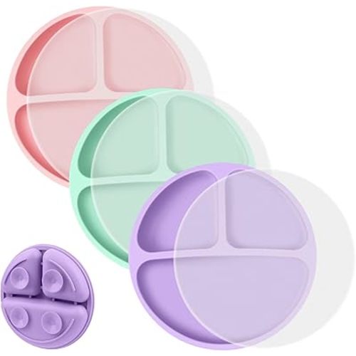 Vicloon Toddler Plates, 3 Pcs Silicone Baby Plates, BPA Free Suction Plates with Lids for Babies and Toddlers, Suction Plate Feature, Divided Plate Design,Toddler Plate Microwave&Dishwasher Safe