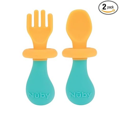 Nuby First Fork and Spoon Set - Utensils with Safety Guards for Babies 6+ Months - Orange and Aqua