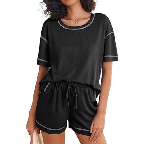 Ekouaer Pajama Sets for Women 2 Piece Waffle Knit Lounge Set Two Piece Loungewear Matching Outfits Set With Pockets