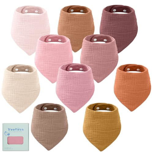 Yoofoss Muslin Baby Bibs 10 Pack Bandana Bibs 100% Cotton 6-Layer Soft Absorbent Drool Bibs for Boys and Girls, Gradient Pink