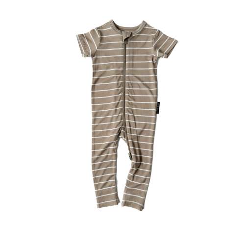 LB x Baby Breez Short Sleeve Pinstripe Romper Pajamas - Khaki Green and White