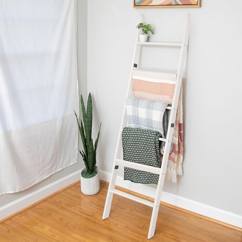 Ilyapa Blanket Ladder for The Living-Room - Rustic Decorative Quilt Ladder with Folding Construction for Easy Storage, White Weathered Wood