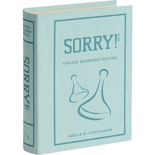 Sorry! Vintage Bookshelf Edition by WS Game Company - Classic Board Game in Linen-Wrapped Book Case with Retro 1958 Design, Wooden Pawns, and Full-Size Folding Game Board, for 2-4 Players, Ages 6+