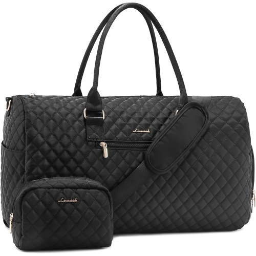 Lovevook Travel Duffle Bag, Quilted Weekender Overnight Bag with Toiletry Bag, Gym Beach Mummy Hospital Bag with Wet Pocket (Black)