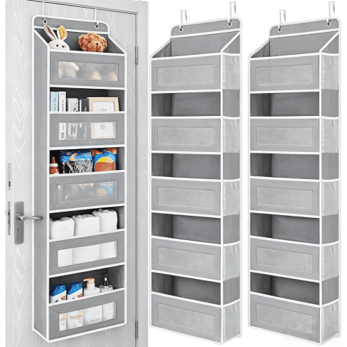 2 pack over-the-door organizer, 5 shelf hanging storage with 5 large pockets, anti-tilt 44 lb load, for bedroom/bathroom/pantry/nursery, grey