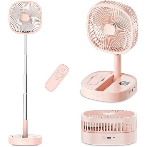 Portable Oscillating Pedestal Fan with Romote, 4 Speed 120° Telescopic Rotation Foldable Standing Collapsible Fans, 7200Mah Rechargeable, Quiet Timer DeskFan for Travel Camping Home, Pink