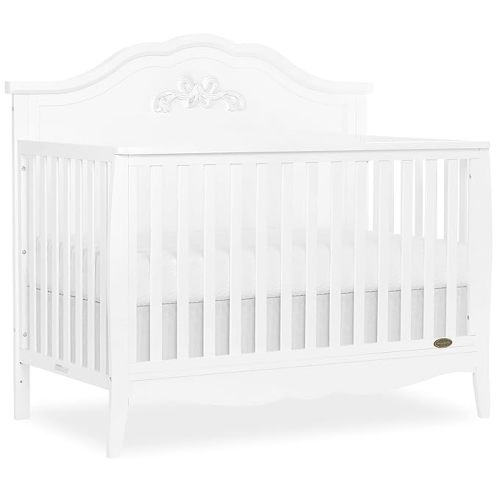 SweetPea Baby Jasmine 4-in-1 Convertible Crib in White, 3 Mattress Height Settings, Greenguard Gold Certified, Metal Mattress Support, Solid New Zealand Pinewood