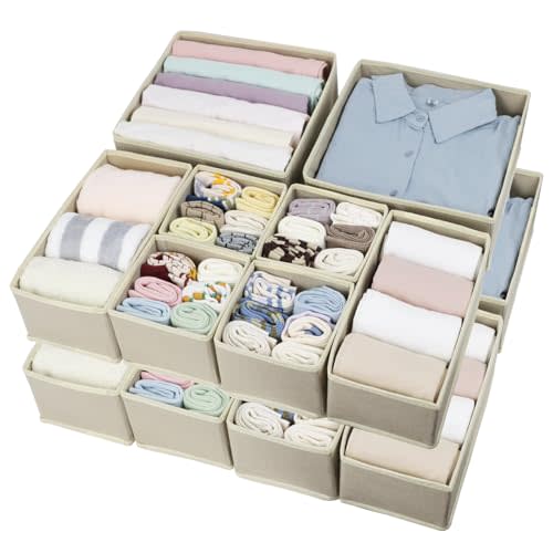 Fordonral 16 Pcs Drawer Organizer,Fabric Closet Organizer and Storage Baskets,Foldable Drawer Divider for Clothing,Sock,Ties,Underwear Storage,Cabinet Storage Boxes (Beige)