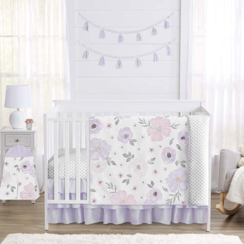 Sweet Jojo Designs Watercolor Floral Lavender Purple Grey 4 Piece Crib Bedding Set