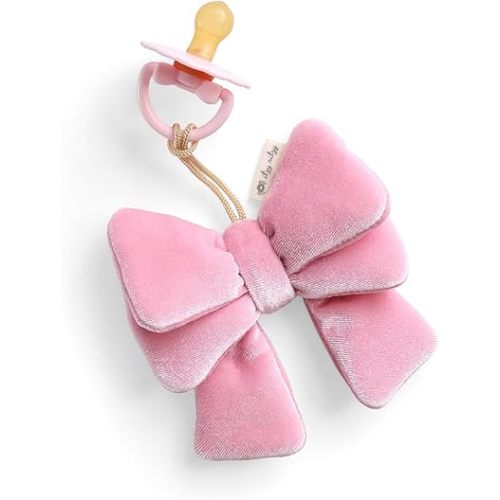 Itzy Ritzy Pacifier & Lovey Set - Natural Rubber Paci with Stuffed Animal Lovey - Detachable Velour Bow Pacifier Holder & Coordinating Natural Rubber Soother, Ideal for Ages 0-6 Months (Bow)