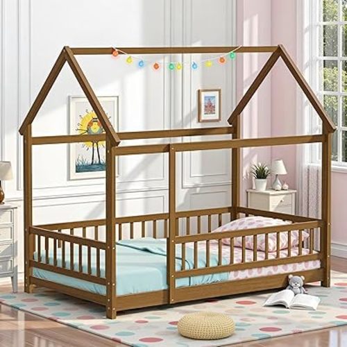 LLS Twin Size Montessori Floor Bed Frame with Slats and Fence, Wooden House Bed for Boys Girls Bedroom, Light Espresso