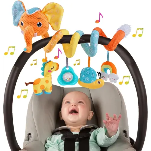 Car Seat Toys for Baby, Spiral Activity Stroller Toys for Infants 0-6 Months, Hanging Baby Toys Crib Toys for Newborn 0 3 6 12 Months Developmental Toys with Music Box Rattle Squeaker- Orange Elephant
