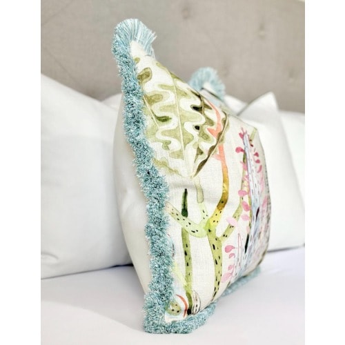 Pastel throw pillow cover with blue brushed fringe detail , light blue cotton pillow cover, decorative seaglass accent pillow