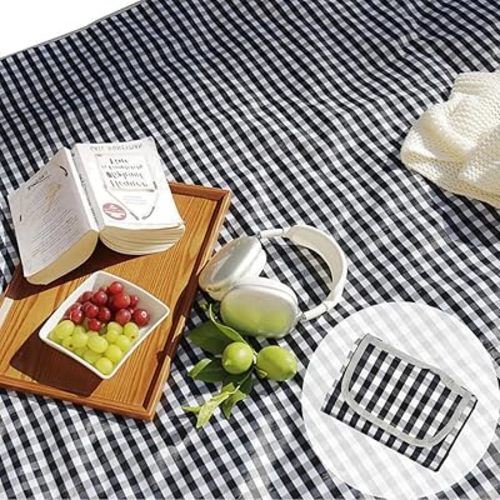 Cute Gingham Picnic Blanket, Waterproof Foldable, in Large 80x60in and Extra Large 80x80in, Portable Compact Beach Blanket, Oversized XL Outdoor Mat (Black, X-Large)