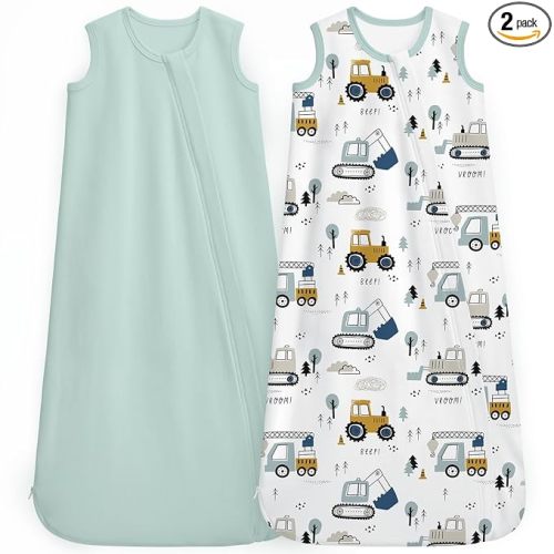 Unnivoll Baby Sleep Sack 6-12 Months 0.5 Tog Baby Wearable Blanket 100% Cotton Sleeping Sack with 2-Way Zipper for Newborn Infant White Green Excavator