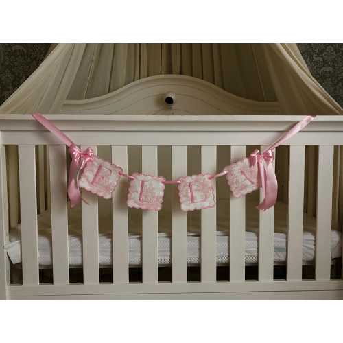 Custom Baby Name Banner, Scallopped Bow Name Banner, Embroidered Baby Banner, Pink and White Baby Name Banner, Custom Embroidered Banner