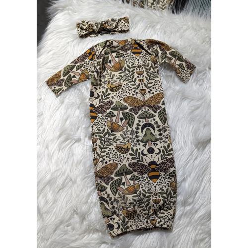 Mushroom Baby Clothes Sleeper Gown Botanical Bees & Butterflies Dressing Layette with Elastic Bottom and Headband or Hat for Easy Diaper