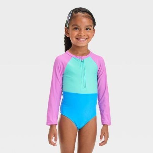 Baby Girls' Long Sleeve Solid Colorblock One Piece Swimsuit - Cat & Jack™ Pink 12m