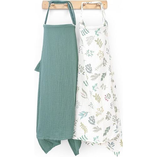 Muslin Nursing Cover for Breastfeeding, Privacy Breathable Breastfeeding Cover with Arch Neckline for Mom, 100% Cotton Nursing Apron, Floral and Green